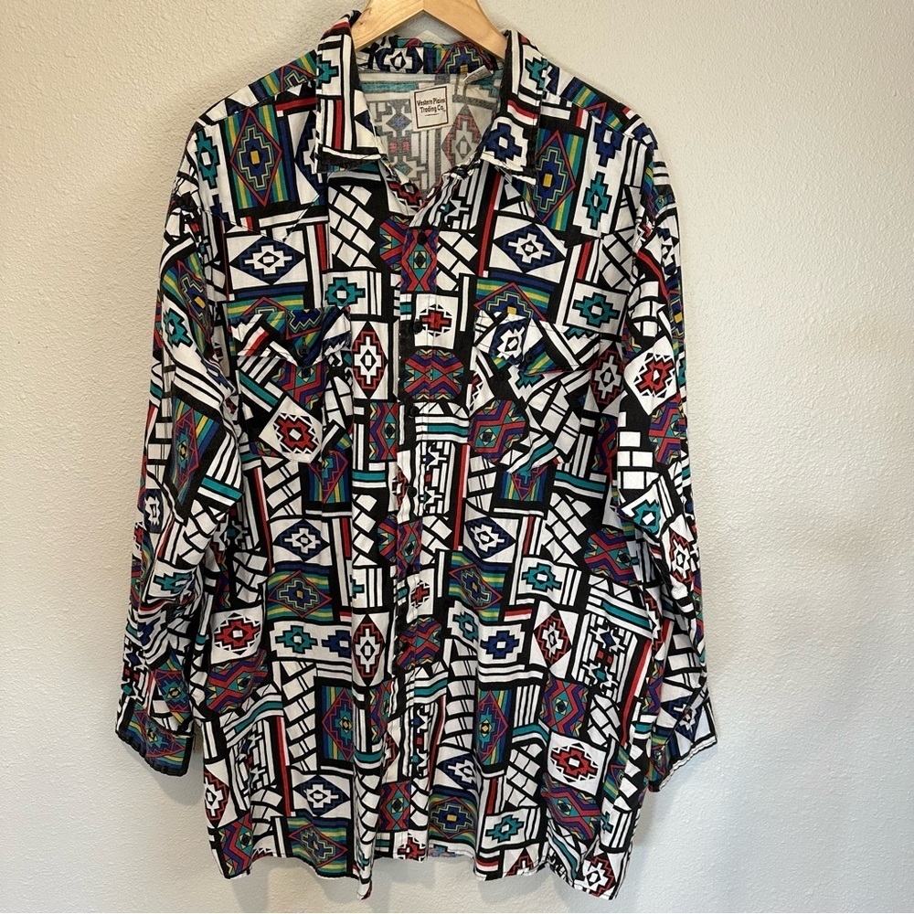 Men's Casual Button-Down Shirt in White with Multicolor Geometric Print